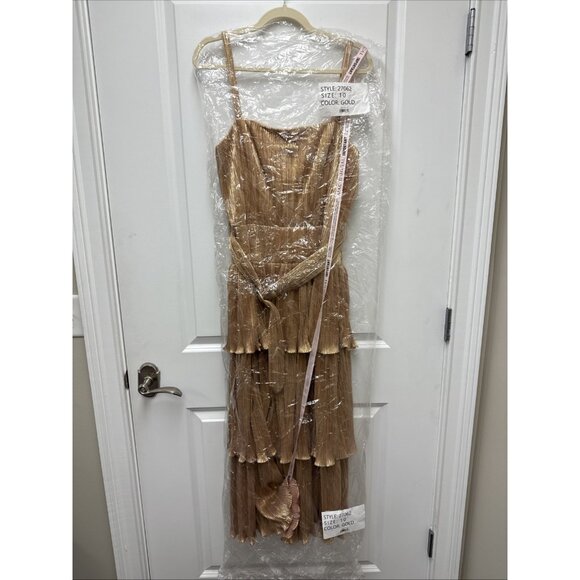 New Mac Duggal Size 10 Gold Ruffle Tiered Belted Sleeveless Cocktail Party Dress - Picture 15 of 16